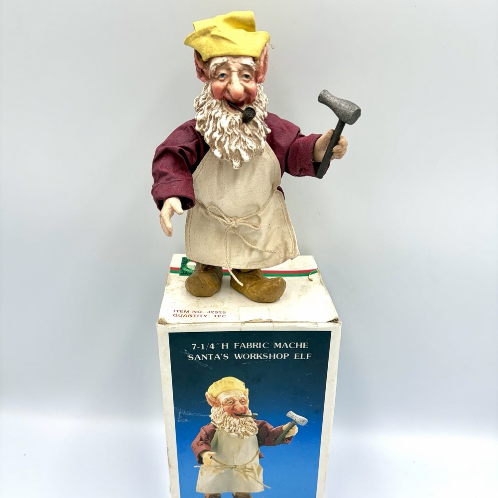 Vintage 80s Kurt Adler Fabric Mache Christmas 7-1/4" Elf Pipe Santa's Workshop